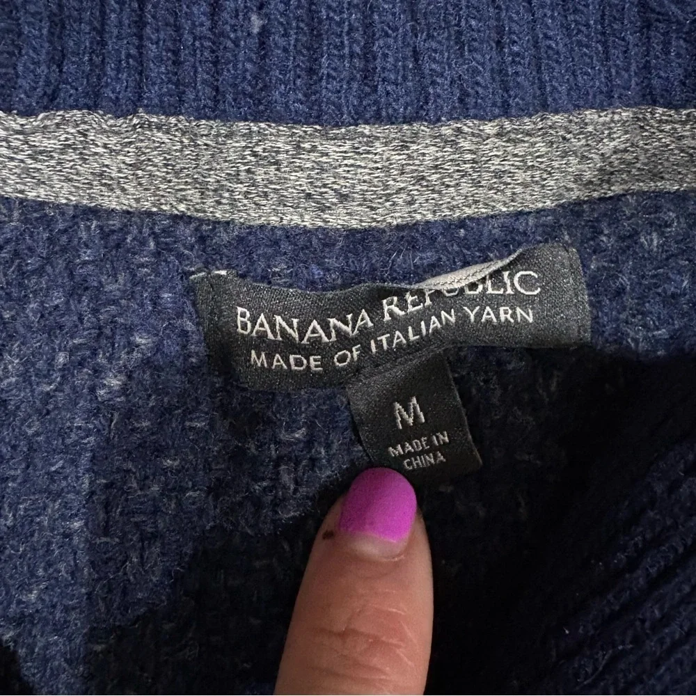Banana Republic Mens Merino Wool Blend Blue Sweater Sz M Foldover‎ Collar Preppy